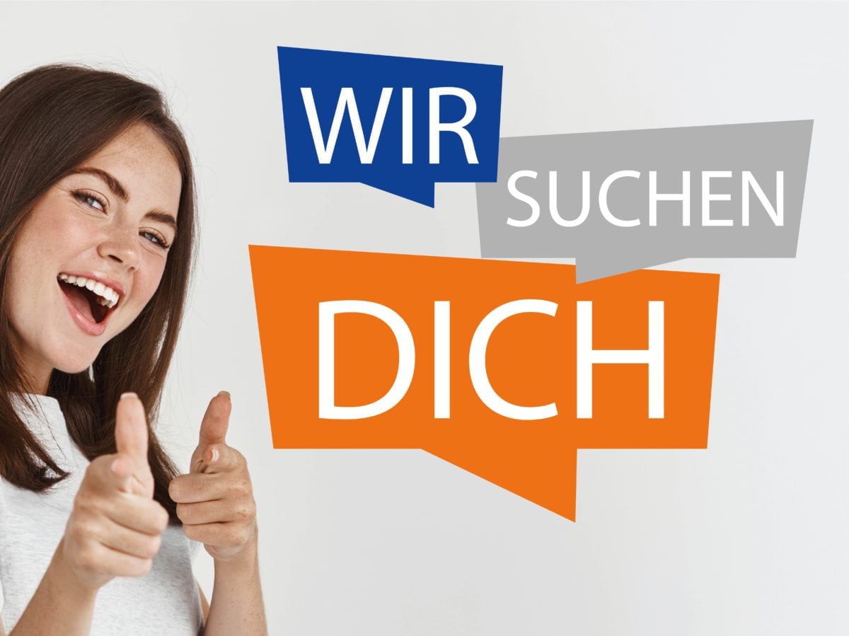 Junge Frau zeigt mit beiden Händen nach vorn, daneben Sprechblasen mit der Aufschrift „Wir suchen dich“